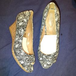 DexFlex Comfort Shoes 9w Espadrille Black White Floral Cork Wedge Heel Peep Toe