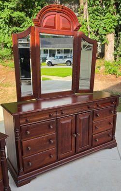 Keller Furniture Solid Wood 12 Drawer Triple Dresser with Tri Fold Mirror