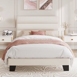 Twin Size Bed Frame, Platform Bed Frame with Velvet Upholstered Slat Headboard, Cream