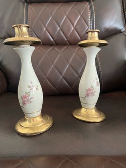Porcelain & Brass Floral Candlestick Holders (Pair)