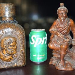Antique Chinese Figurine Carved Wood Sculpture Old Bearded Man 6\" Tall High, And Antique Jar With Leather Wrap