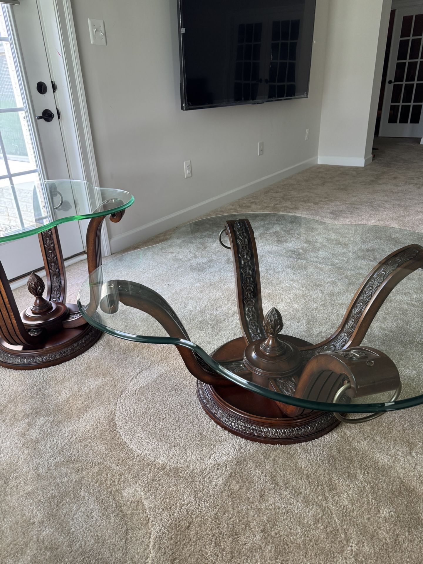 Elegant Glass Top Coffee & End Table Set - Ornate Carved Wood