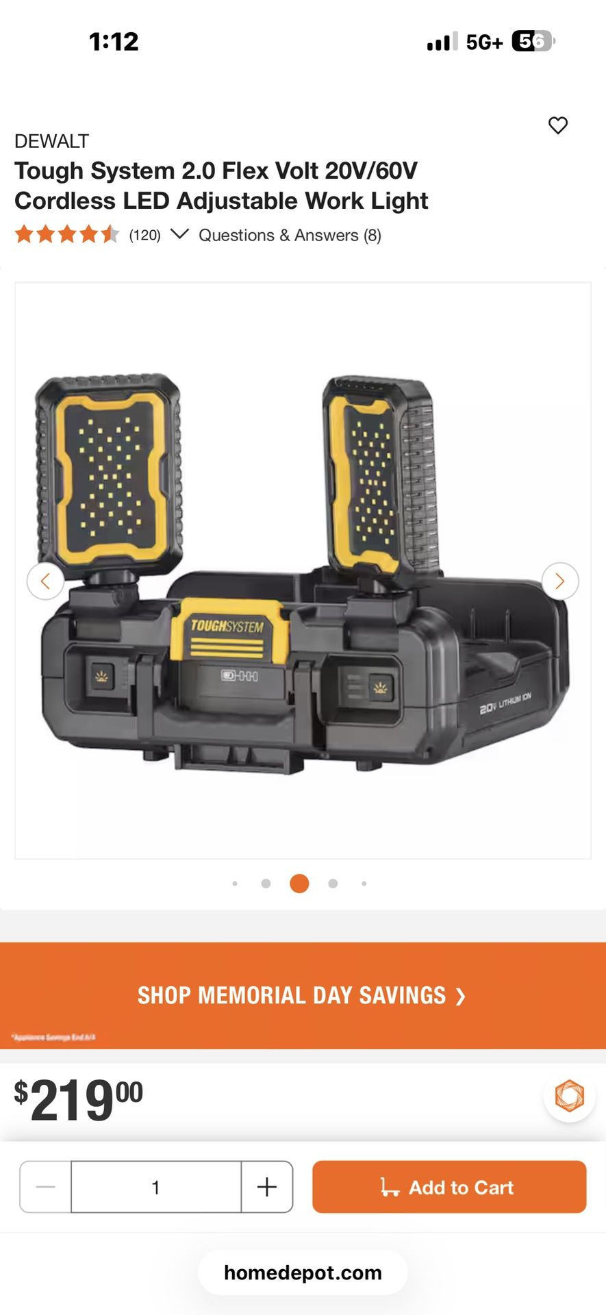 DEWALT Tough System 2.0 Flex Volt 20V/60V Cordless LED Adjustable Work Light