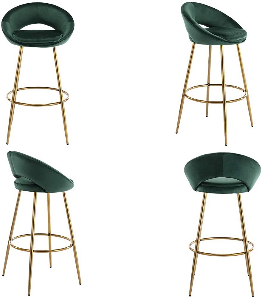 Green Velvet Bar Stools Set of 4,Modern Tufted Barstools 30inch Bar Height Chairs with Open Back/Footrest Kitchen Stools for Island/Home Bar/Dining Ro