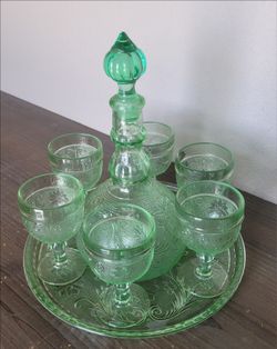 Vtg Indiana Glass-Tiara wine decanter set- Chantily Green Sandwich Glass OrigBox