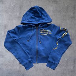 Ed Hardy Tiger Hoodie Women’s Sz S Slim Blue Full Zip Cropped Y2K Tattoo Graphic VTG