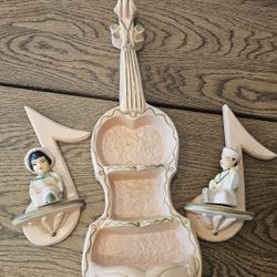 Vintage Ceramic Violin Wall Shelf Set with Musical Note Figurines – Unique Décor

