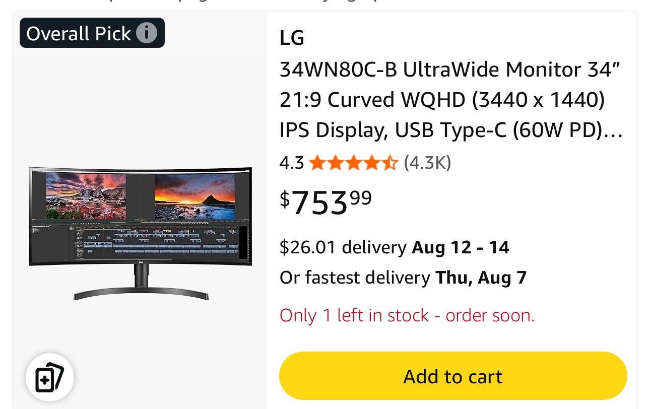 HARD TO FIND 34” Gaming Monitor LG 34WN80C B - Main Image