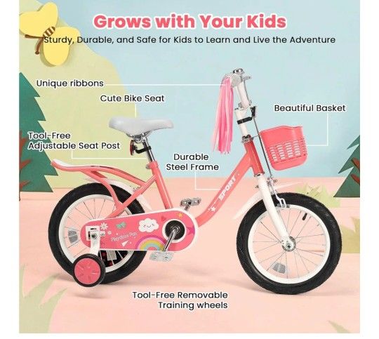 Kids Bike for Girls Boys with Handbrake 14" Children Princess Bicycle with Training Wheels Basket Streamer Toddler Cycle Bike Rider 37 to 42 Inch - Pi