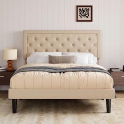 Queen Size Button Tufted Platform Bed Frame/Fabric Upholstered Bed Frame with Adjustable Headboard/Wood Slat Support/Mattress Foundation/Beige (Queen)