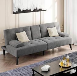 64" Futon Sofa Bed, Velvet Foldable Couch, Upholstered Loveseat Sofa Couch with Folding Cup Holders