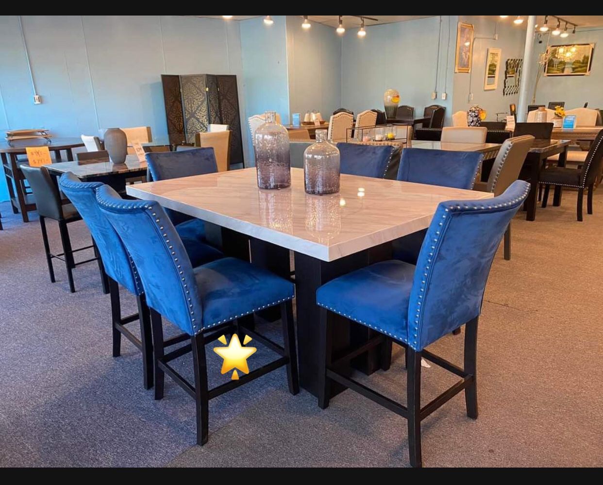 Natural Marble Tabletop Dining Table And Blue Velvet 4 Upholstered Chairs Set🔹 New Brand 🆕 Financing Available ✅ Dining Room Set ☑️