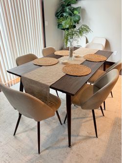9 Piece Extendable Dining Table Set w/ Upholstered Chairs
