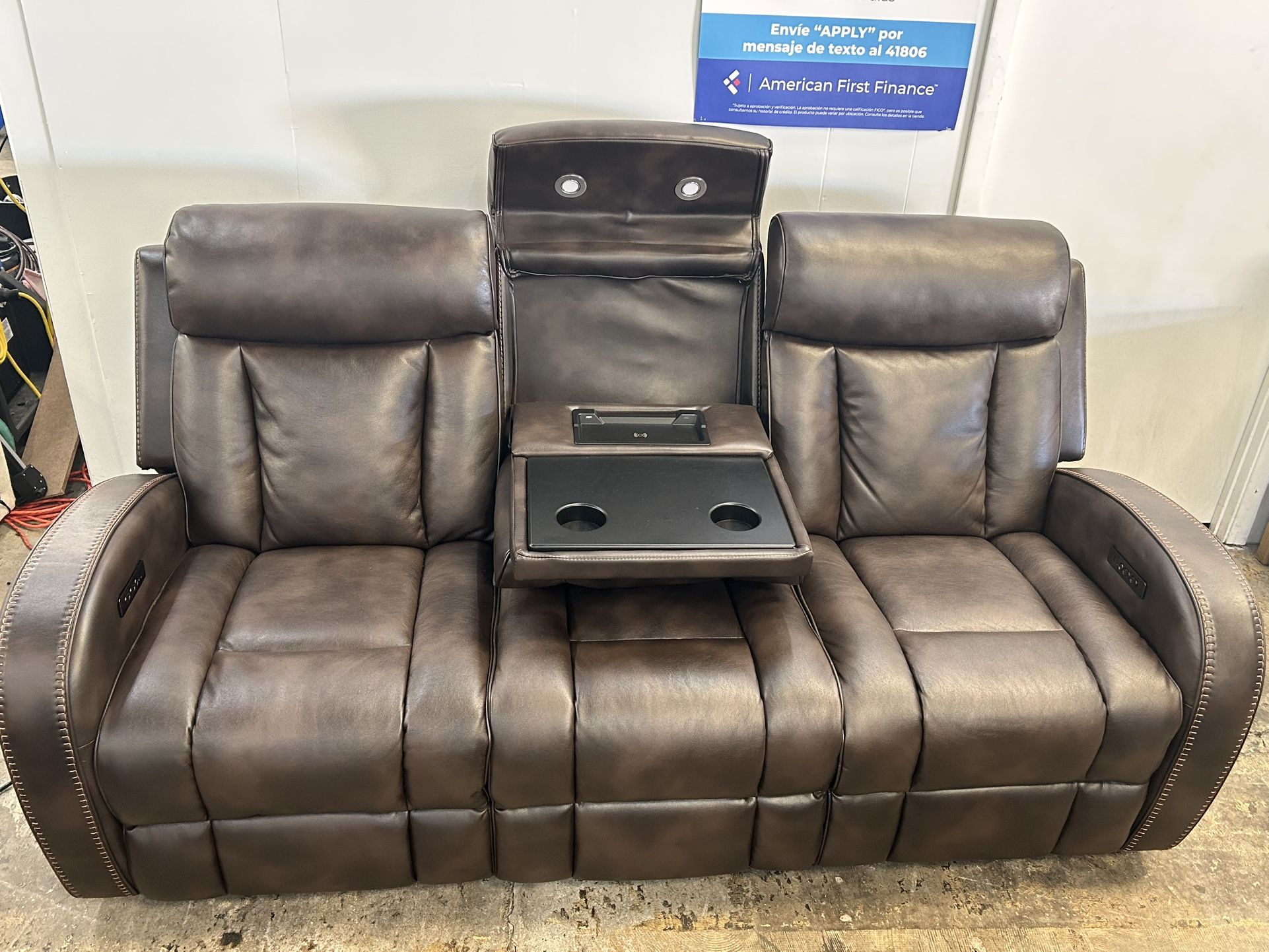 Lather Sofa With Dropdown Console  special price