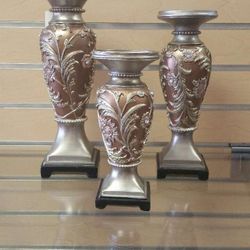 3pc _ Candle Holders _ Home Decor set  ( NEW ) resin. Silver & Pink