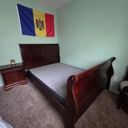 Wood Bed Frame (Full)  With Spring Box And Matching Nightstand/End Dresser 