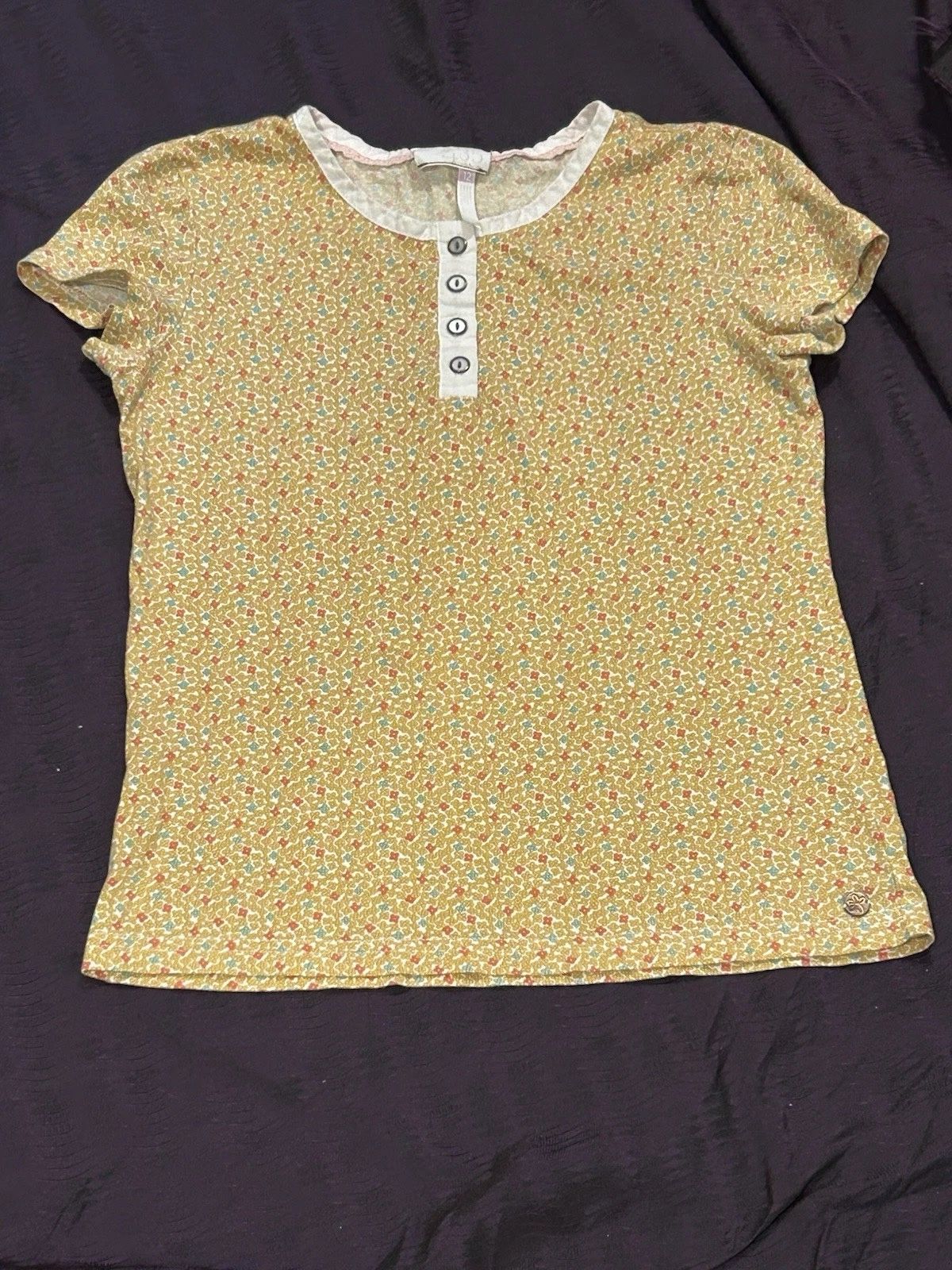Matilda Jane 435 Girls Size 12 Yellow Floral Short Sleeve 1/4 Button Tee