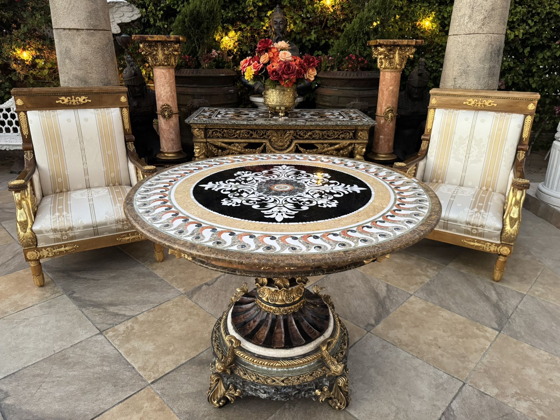 Italian Neoclassical round Pietra Dura with Mother of Pearl Inlay entry table