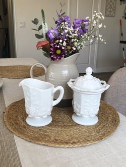 Glass creamer, pitcher, and sugar bowl