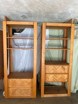 2 Mid-Century Modern Oak Display Cabinets / Bookshelves with Drawers