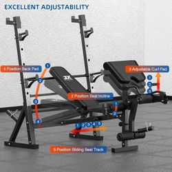 Heavy duty bench press, Squat Rack, Preacher curl adapter, Leg press 