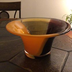 Abstract Hand Blown Glass Bowl- Amber, Orange And Purple 