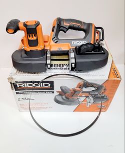 Ridgid 18V band saw. Tool- Has 2-1/2 inch cut capacity, variable speed dial, rafter hook, and tool-less blade change. Comes with one blade. Battery an