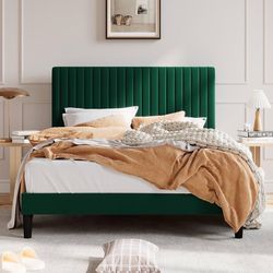 Queen Upholstered Platform Bed Frame with Vertical Channel Tufted Velvet Fabric Adjustable Headboard, Wooden Slats Support, Mattress Founda