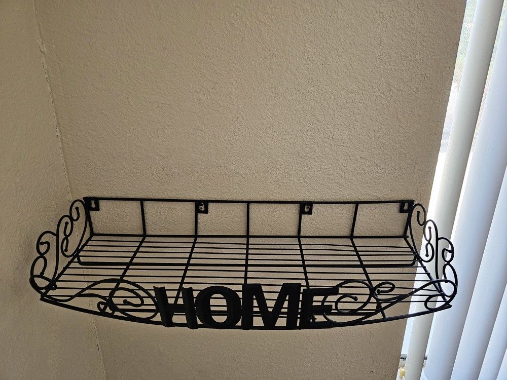 Decorative Hanging Pot Rack for Kitchen Organization - Wall Mounted Iron Pot Rack with Home Lettering Across Front - Hooks 