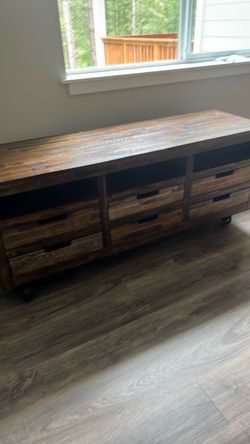 Hand Painted Wood  Consule Media Cart on Wheels