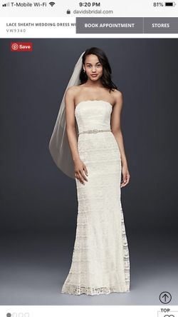 David’s Bridal with a white belt and a black belt. Worn for an hour, for a photo shoot. Size 4