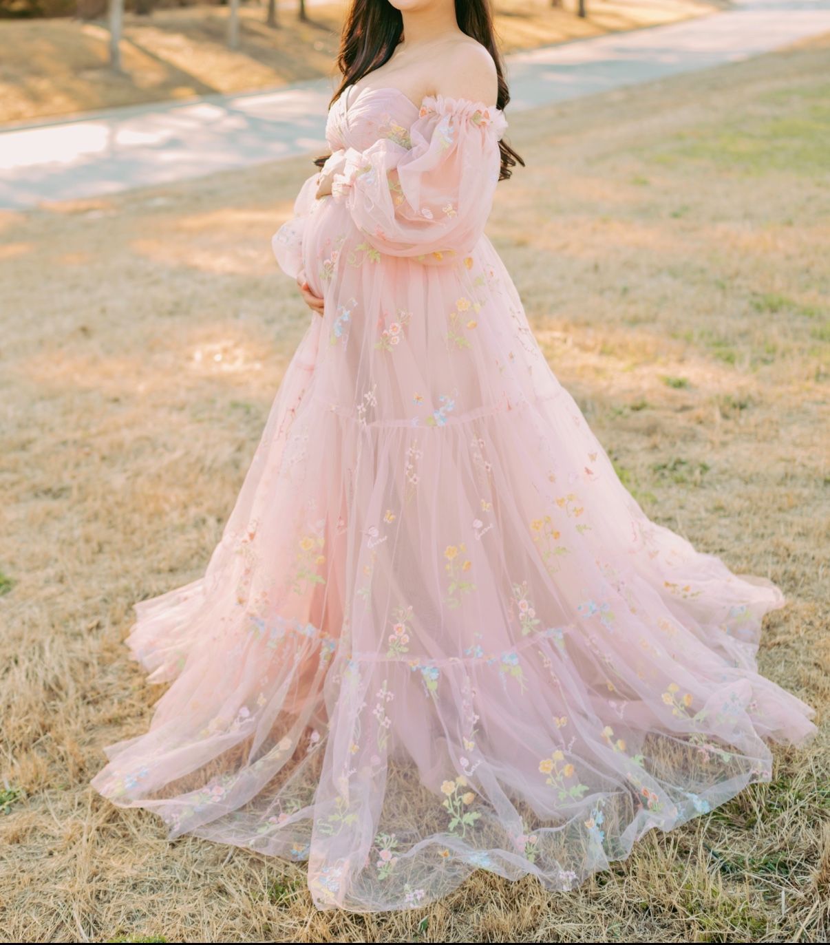 Elegant Pink Floral Tulle Gown for Maternity photo, quinceañera, Prom Dress