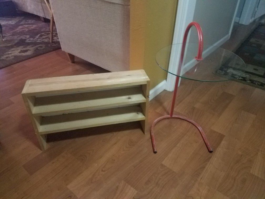 Little Wooden Shelf and little Red Ikea Bedside Table