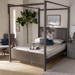 New Queen Size Grey Fabric Upholstered and Dark Grey Oak Finished Wood Platform Canopy Bed 