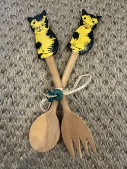 Vintage Cat Salad Utensils Fork & Spoon. Never used. Wooden.
