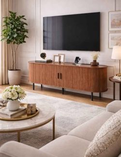 TV Stand 70 inches with Tambour Door for TVs up to 80", Entertainment Center with Storage, Fluted Television Consoles for Living Room, Brown