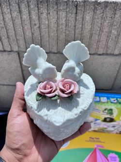 Vintage Heart-Shaped Porcelain Trinket Box with Doves & Roses