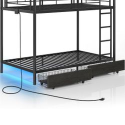 Rolanstar Metal Bunk Bed Twin Over Twin with USB Charging Station, LED Bunk Bed with 2 Storage Drawers, Bed with Safety Guardrail & Ladders, No Box Sp