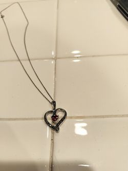Marcasite Heart Pendant Necklace - Red Stone - $20