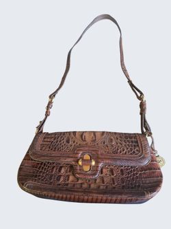 Brahmin Crocodile-Embossed Brown Leather Shoulder Bag
