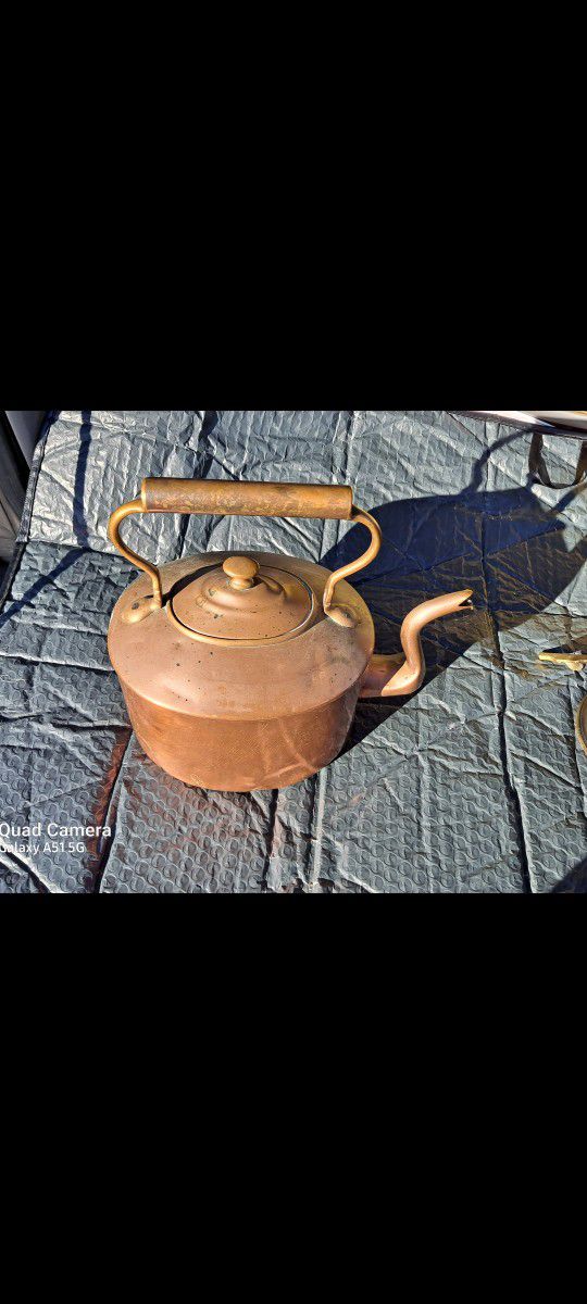 Antique Copper Tea Kettle With Wooden  Handle
