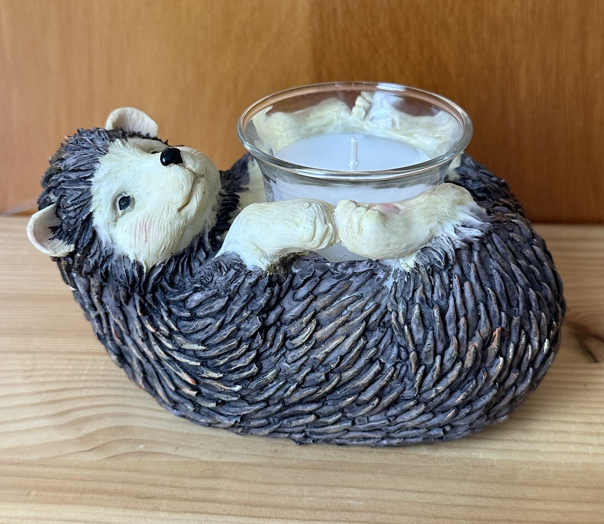 Retro Hedgehog Lying On Back Brown 3.25” Tall Resin Tealight Candle Holder