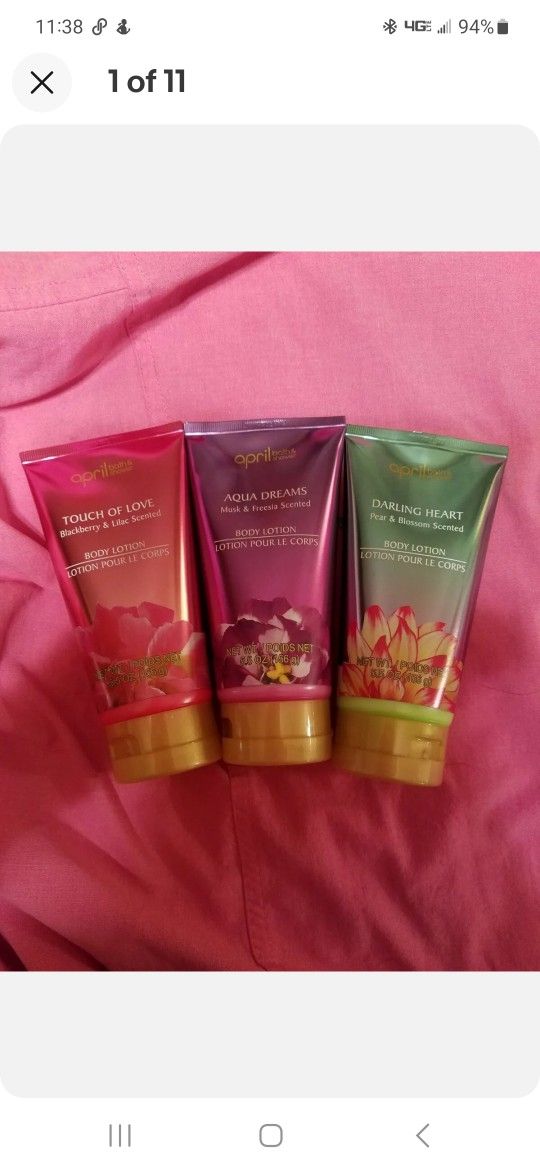 3 Body Lotions "April bath and shower"
Touch of Love blackberry and lilac scent
Aqua dreams musk and Freesia scent
Darling Heart Pear and Blossom scen