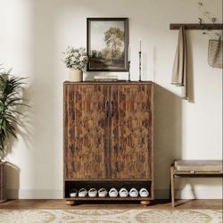LD0021 43 in. H x 31 in. W Brown Engineered Wood Shoe Storage Cabinet with Doors, Entryway Shoe Cabinet with Adjustable Shelves