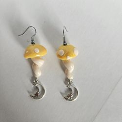 Yellow Spotted Mushroom Earrings With Moon Charm