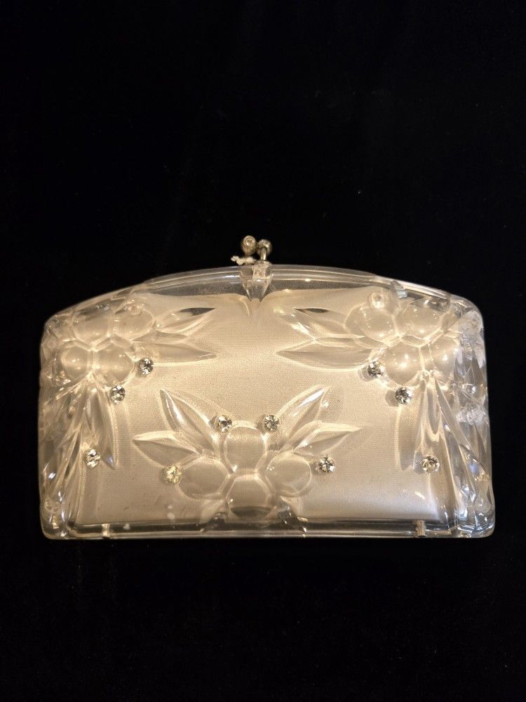 1950's Lucite, Rhinestones, Carved Clutch Purse