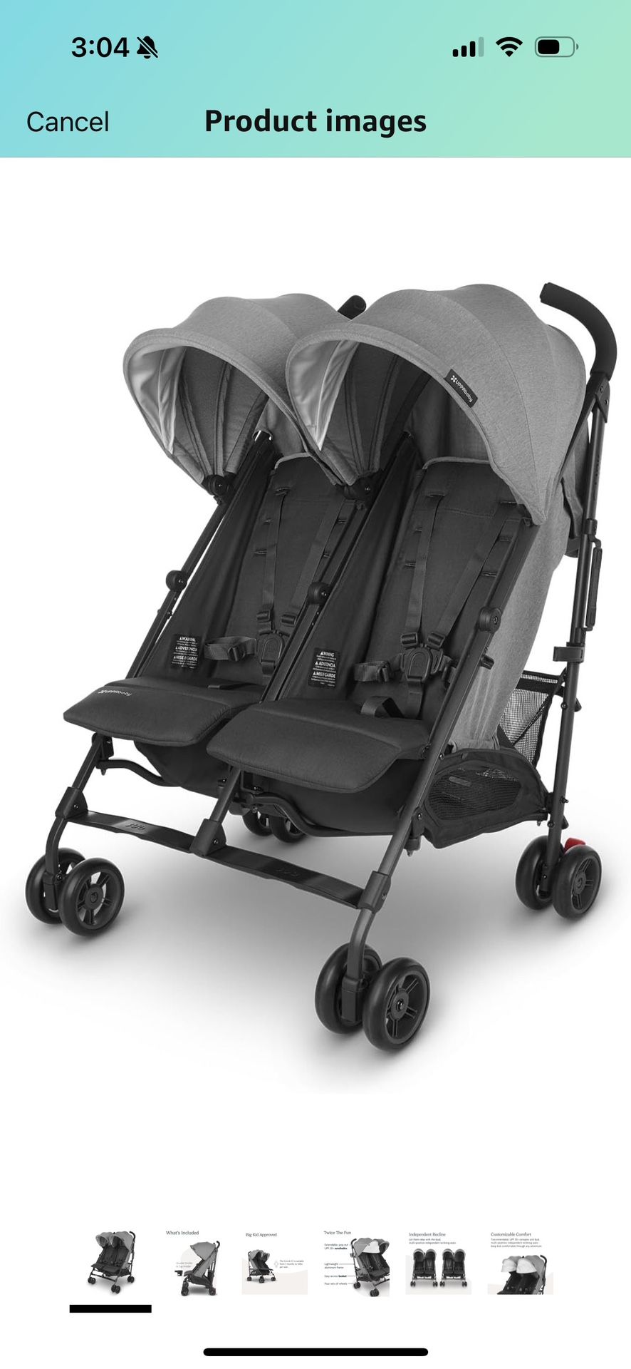 UPPAbaby G-Link V2 Double Umbrella Stroller / Lightweight Design / One-Step Fold + Recline / XL Basket + Canopy / Cup Holder Included / Greyson (Charc