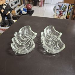 Set Of 2 Heavy Thick Clear Glass Beautifully Ribbed & Scalloped Crescent Shaped Serving Dishes 10.5" X 6"
