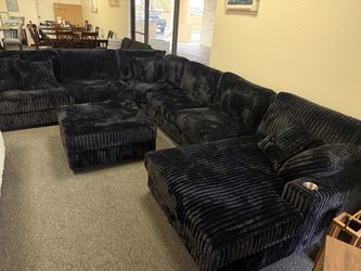 Large Black Corduroy Sectional Sofa with Ottoman