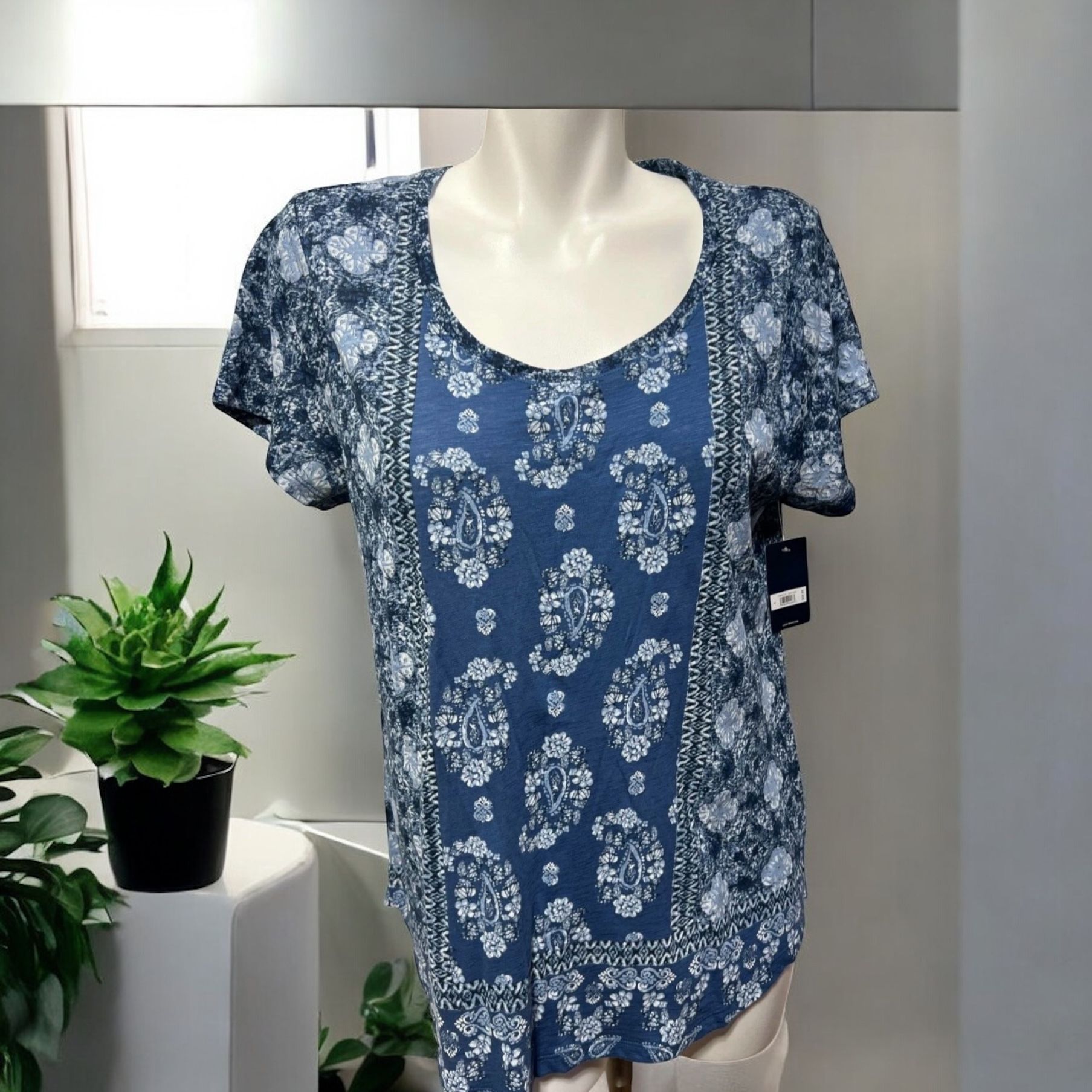 NWT Lucky Brand Blue Short Sleeve Large Paisley Print Top Shirt Tunic M